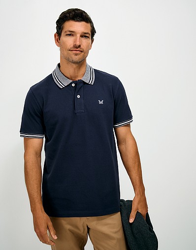 Cotton Piqué Two Tone Collar Polo Shirt in Navy and White