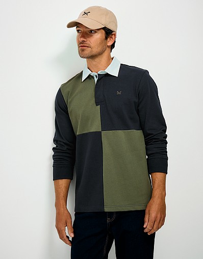 Harlequin Cotton Rugby Shirt in Olive Green & Navy