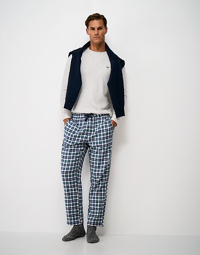 Cotton Flannel Lounge Trousers in Green, Navy and White Check