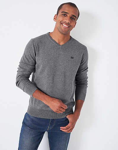 Men's Grey Classic Cotton V Neck Jumper from Crew Clothing Company