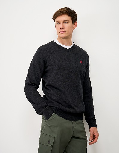 Organic Cotton V Neck Jumper in Charcoal
