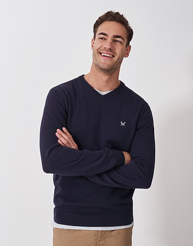 Organic Cotton V Neck Jumper in Dark Navy