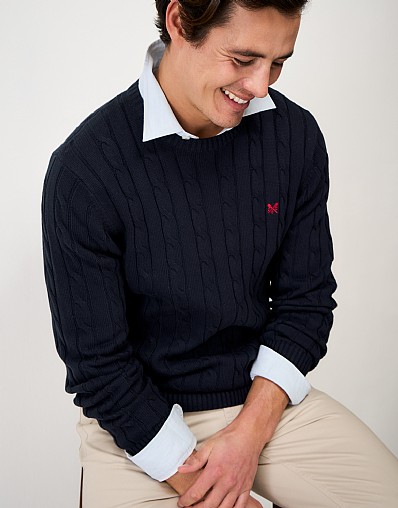 Oarsman Cable Knit Crew Neck Jumper in Dark Navy