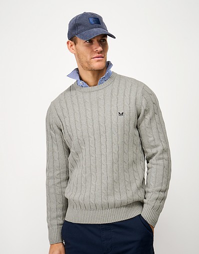 Crew Neck Cable Knit Cotton Jumper in Grey Marl