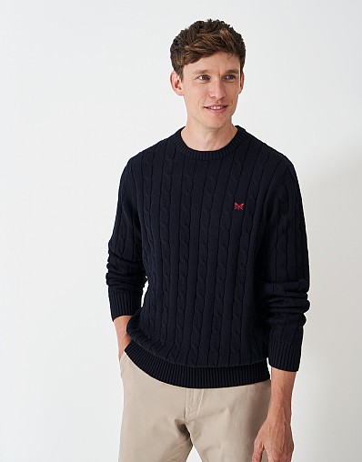 Oarsman Organic Cotton Cable Crew Neck in Dark Navy
