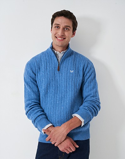 Lambswool Cable Knit Half Zip Jumper in Blue