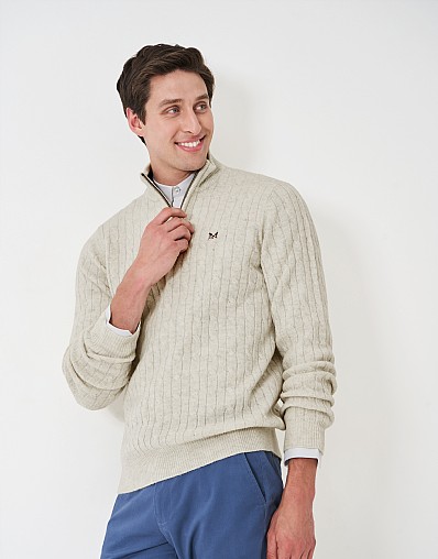 Lambswool Cable Knit Half Zip Jumper in White