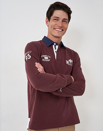 Union Crew Branded Contrasting Collar Rugby Shirt in Burgundy