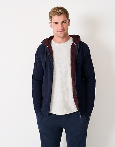 Borg Lined Zip Through Hoodie in Navy