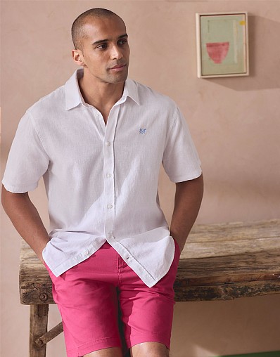 Short Sleeve Linen Blend Shirt in White