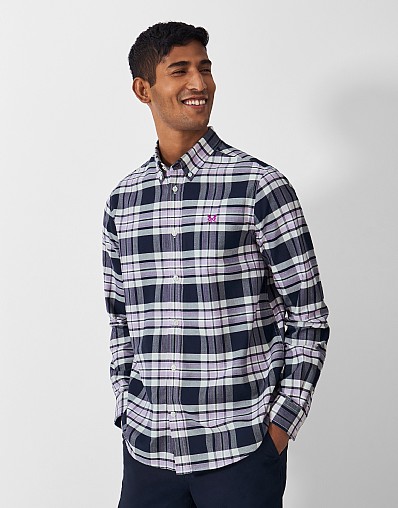 Check Long-Sleeve Oxford Shirt in Navy & Mauve 