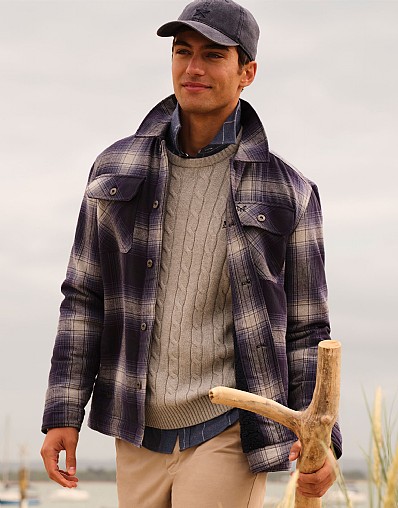 Borg Lined Check Flannel Shacket in Grey and Blue