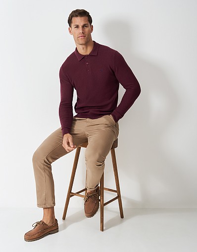 Pique Knitted Long Sleeved Polo Shirt in Burgundy
