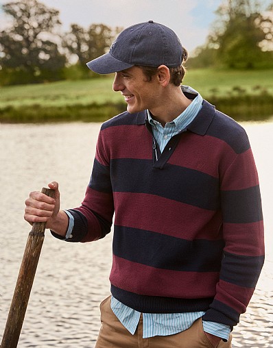 Knitted Cotton Rugby in Navy & Burgundy Stripes