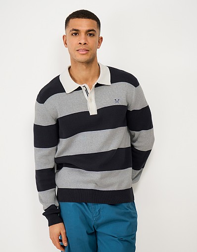 Knitted Cotton Rugby in Navy & Grey Marl Stripes