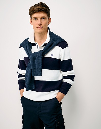 Knitted Cotton Rugby in Navy & White Stripes