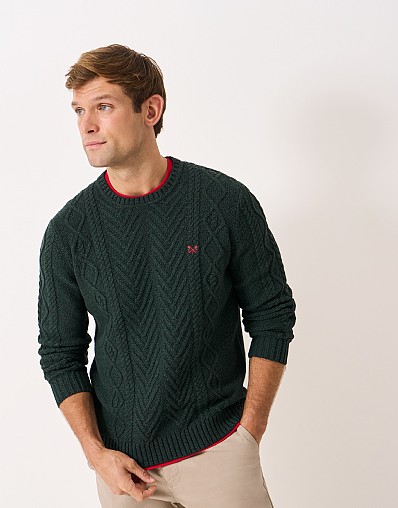 Recycled Cotton Cable Crew Neck Jumper in Forest Green
