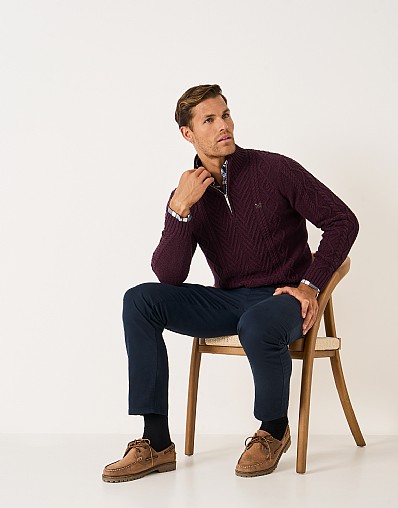 Recycled Cotton Cable Half Zip Jumper in Burgundy