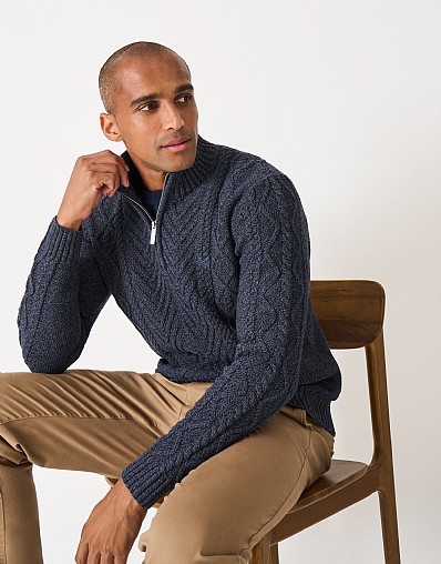 Recycled Cotton Cable Half Zip Jumper in Navy