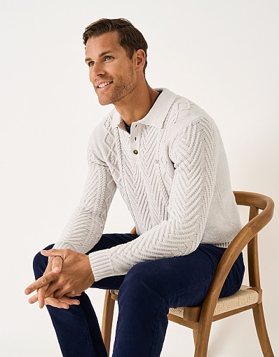 Button Collar Cable Knit Jumper in Off White