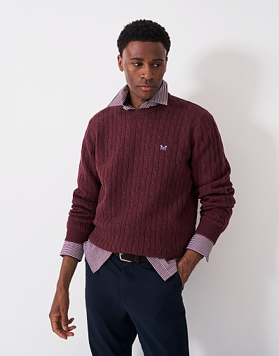 Lambswool Cable Crew Neck Jumper in Burgundy Marl