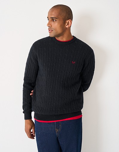 Lambs Wool Cable Knit Crew Neck Jumper in Navy