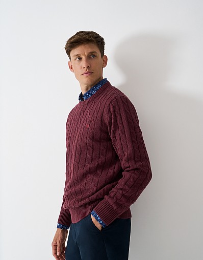 Oarsman Cable Crew Neck Jumper in Burgundy