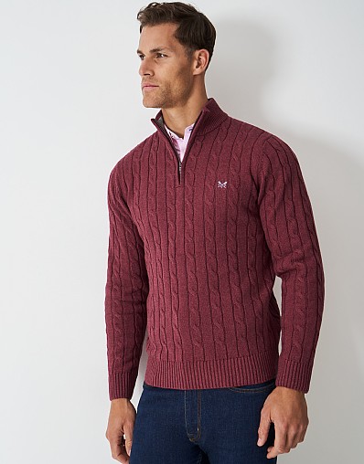Oarsman Cable Organic Cotton Half Zip Jumper in Burgundy
