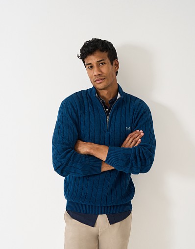 Oarsman Cable Organic Cotton Half Zip Jumper in Petrol Blue