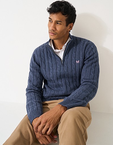 Oarsman Cable Organic Cotton Half Zip Jumper in Steel Blue Marl