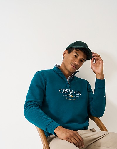 Cotton-Blend Crew Flag Half-Zip Sweatshirt in Petrol Blue