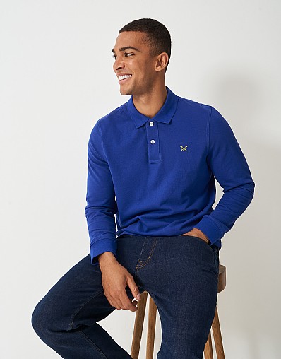 Long Sleeve Pique Polo Shirt in Surf Blue