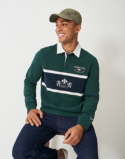 Cotton Embroidered-Crest Rugby Shirt in Green & Navy