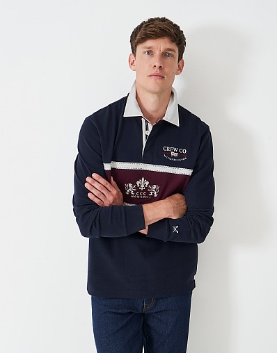 Cotton Embroidered-Crest Rugby Shirt in Navy & Burgundy
