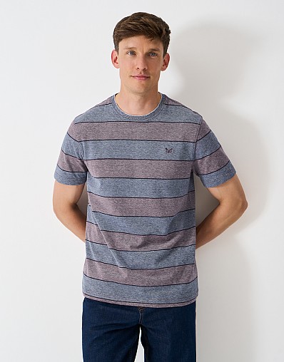 Cotton Oxford Stripe T-Shirt in Wine Red & Deep Blue