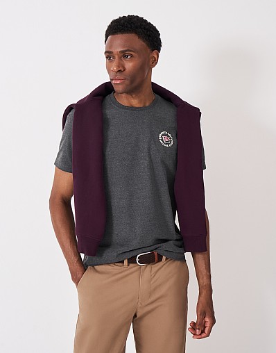 Embroidered Crew Flag Tee in Charcoal Marl