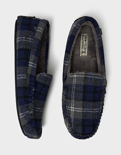 Faux-Fur Lined Moccasin Slipper in Blue and Grey Check