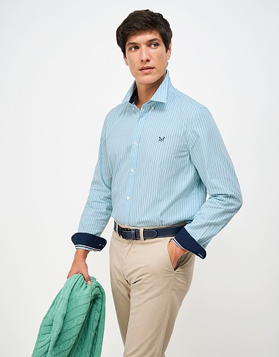Classic Fit Cotton Shirt in Blue & Green Micro-Stripe