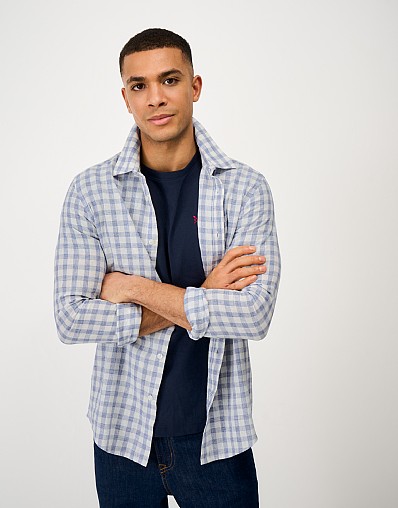 Linen-blend Checked Shirt in Blue and Off-white