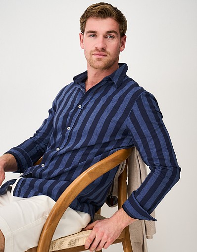 Lee Stripe Long Sleeve Linen-Blend Shirt in Navy and Blue