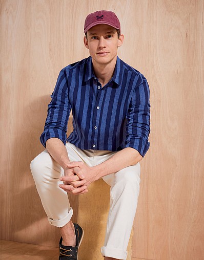 Lee Stripe Long Sleeve Linen-Blend Shirt in Navy and Blue