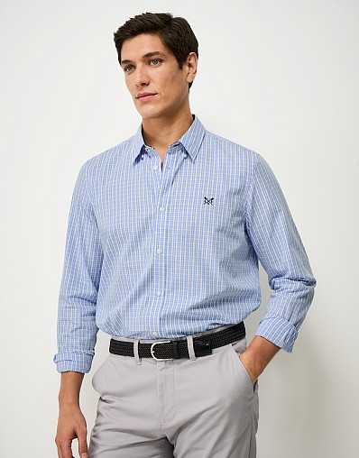 Long Sleeve Mini Check Classic Fit Poplin Shirt in Blue and Off-White