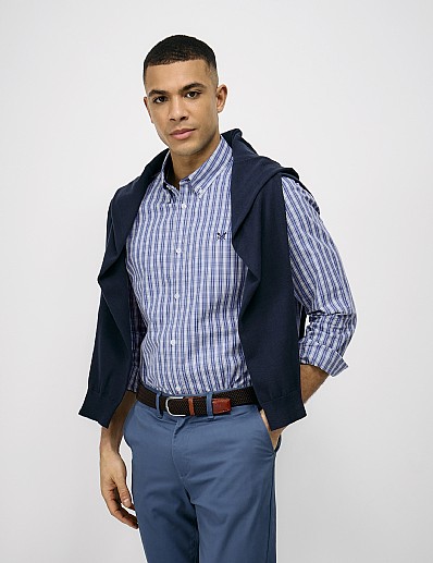 Long Sleeve Mini Check Classic Fit Poplin Shirt in Blue and Off-White