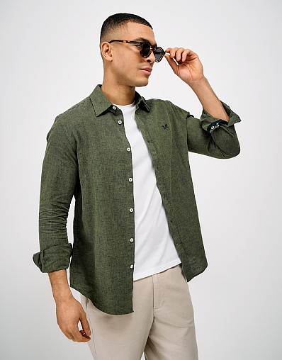 Long-Sleeve Linen Shirt in Khaki