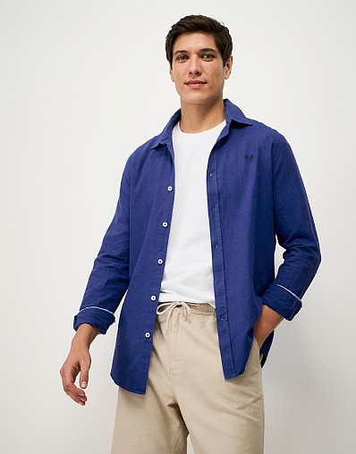 Long-Sleeve Linen Shirt in Dark Blue