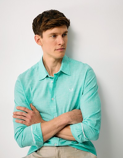 Long-Sleeve Linen Shirt in Pool Blue