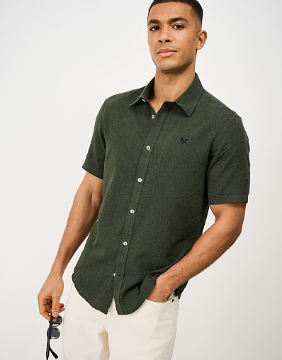 Short Sleeve Linen Blend Shirt in Deep Green