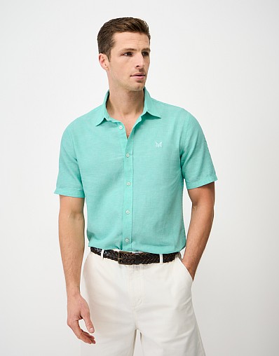Short Sleeve Linen Blend Shirt in Aqua Blue