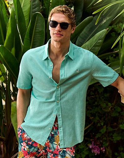 Short Sleeve Linen Blend Shirt in Aqua Blue