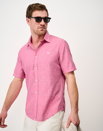 Short Sleeve Linen Blend Shirt in Raspberry Heather